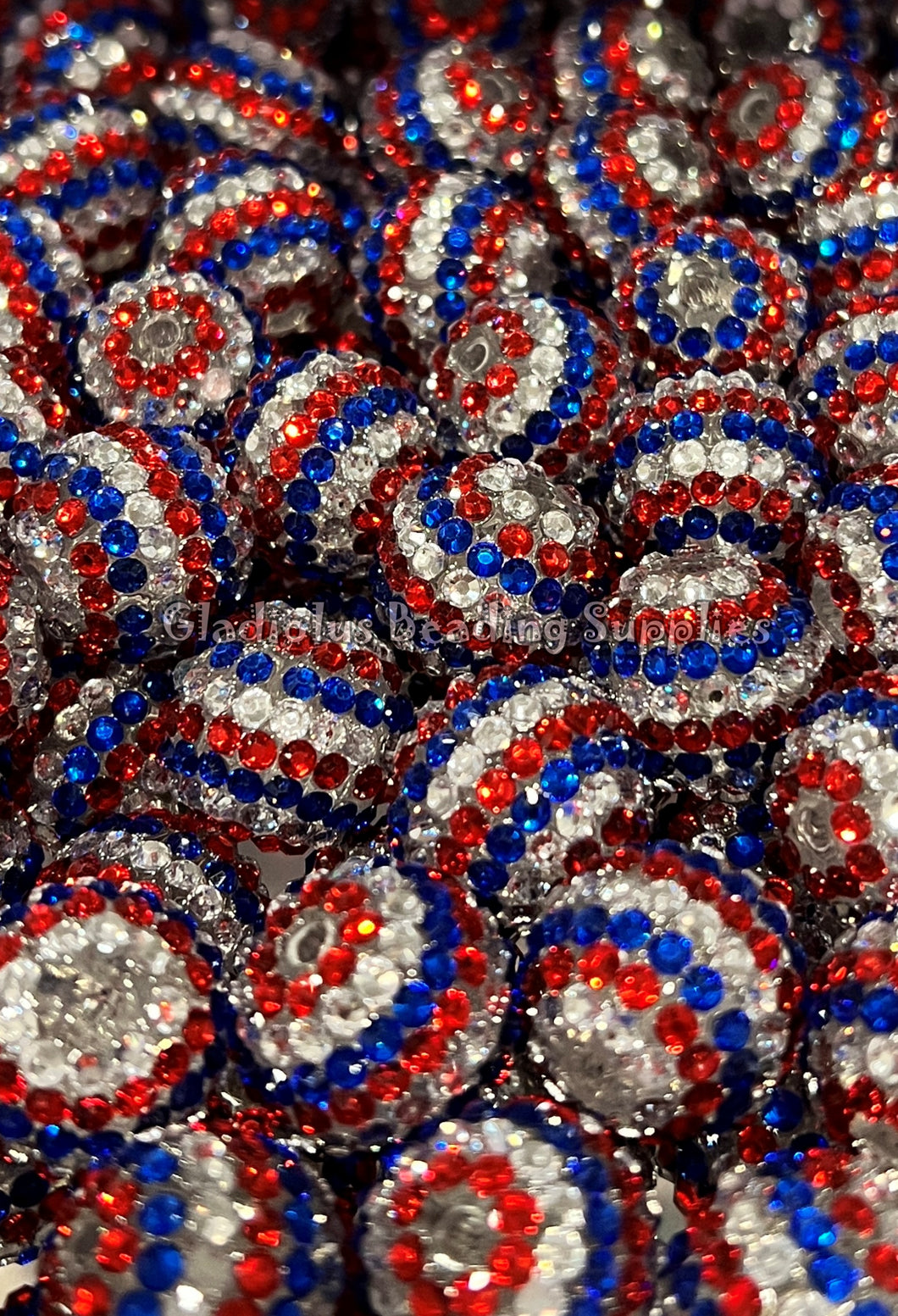 20mm Red, Silver, Blue Stripe Rhinestone Bubblegum Beads