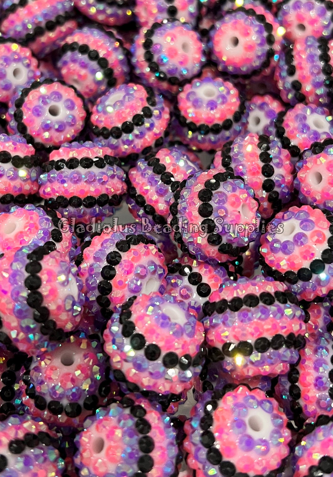 20mm Pink/Black/Purple Striped Rhinestone Beads - Acrylic  Beads - Bubblegum Beads - Chunky Beads