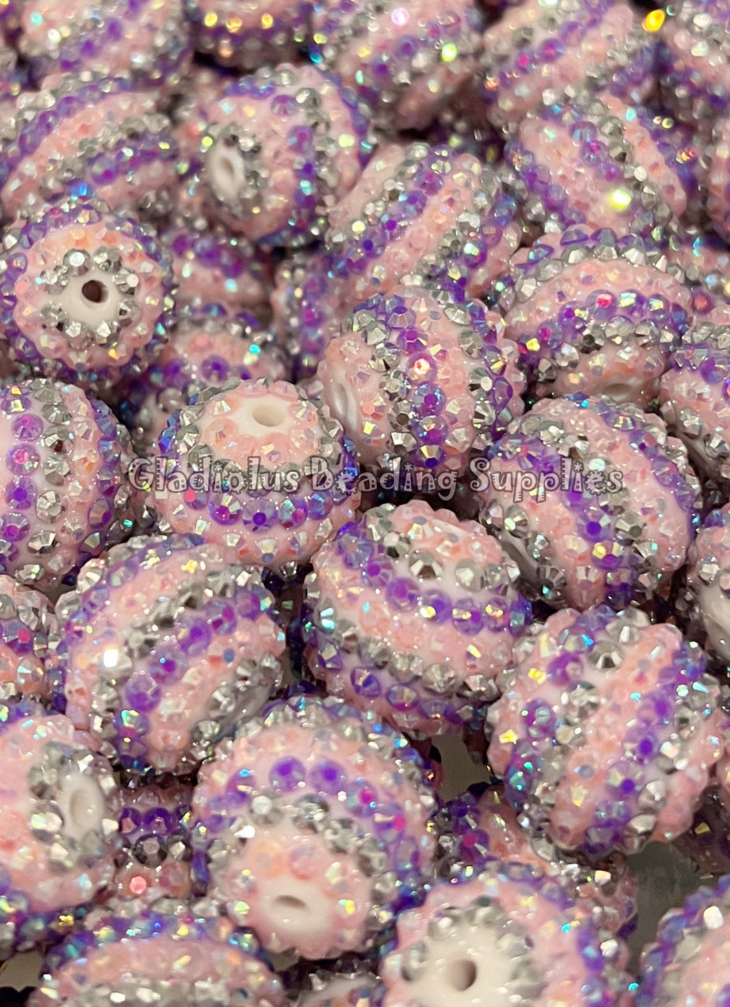 20mm Pink/Purple/Silver Striped Rhinestone Beads - Acrylic  Beads - Bubblegum Beads - Chunky Beads