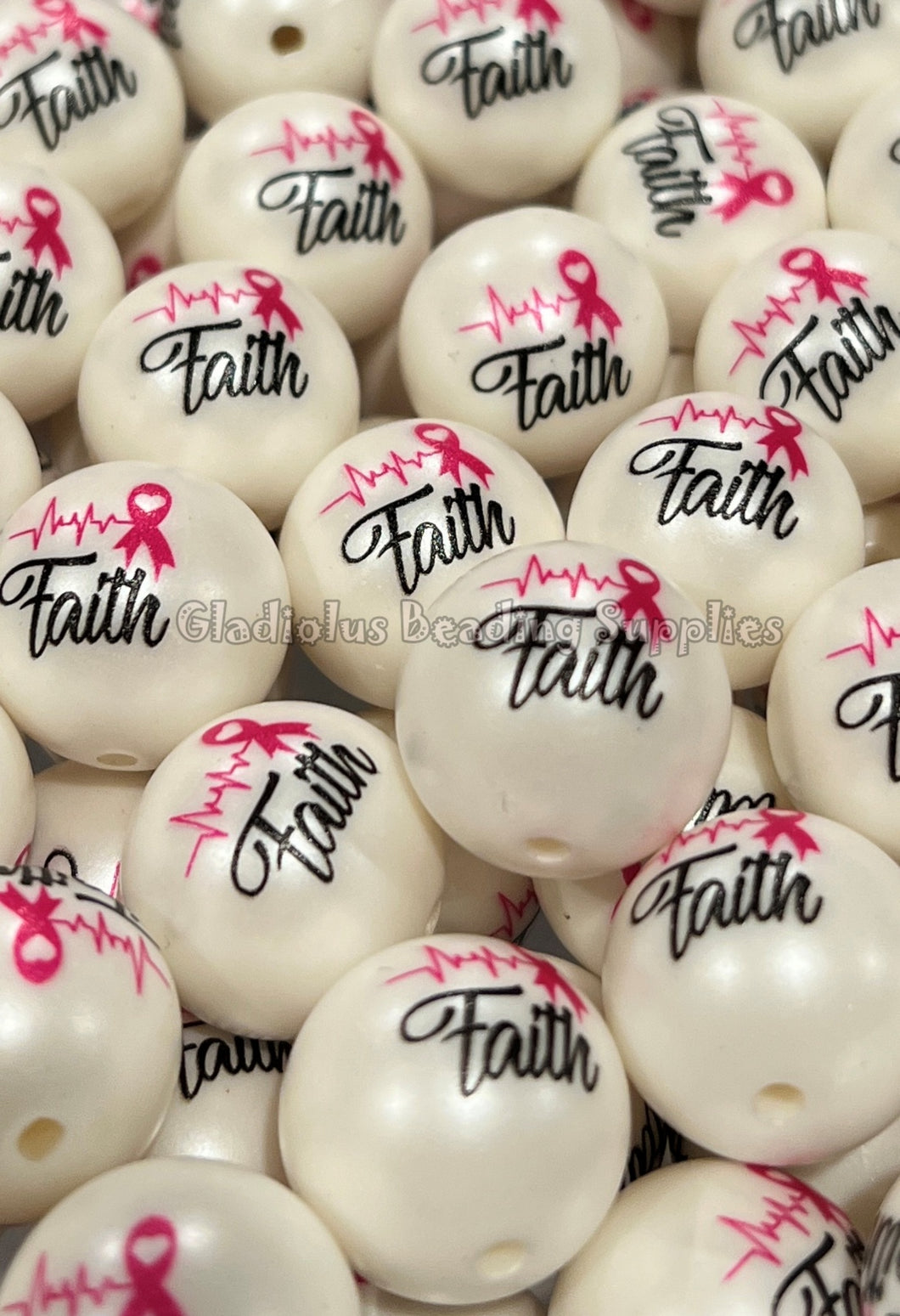 20mm Pinky/Faith Matte Print - White Acrylic Matter Beads - Bubblegum Beads - Chunky Beads