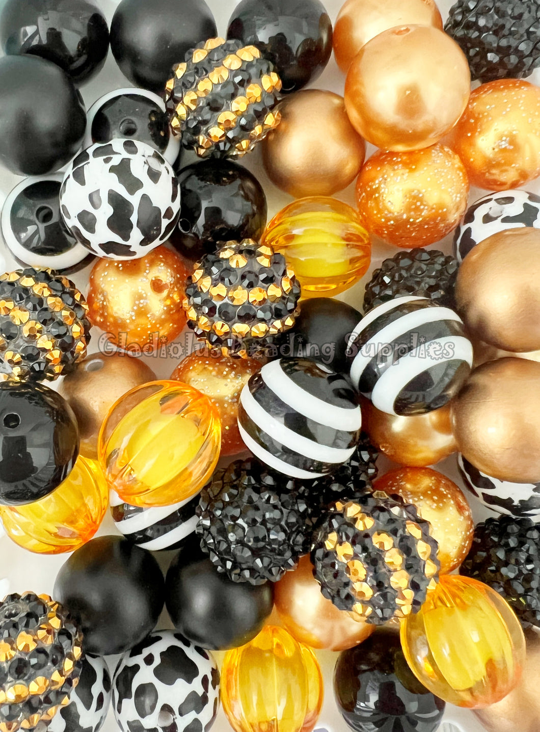 50 Qty 20mm Black/Gold/Yellow Mixed Beads - Acrylic Mixed Beads - Chunky Beads #135