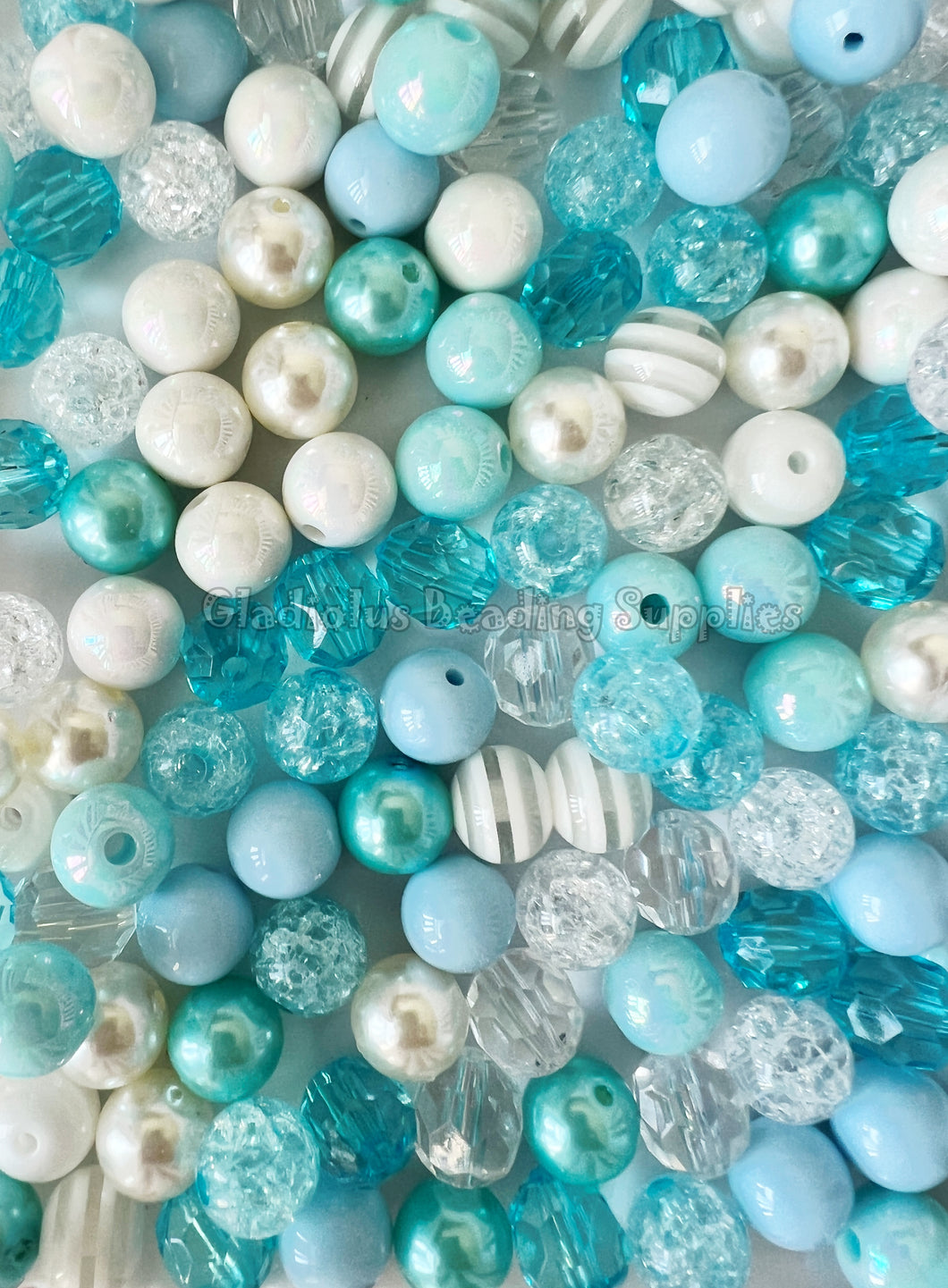 100qty 12mm White/Blue Mixed Beads - Acrylic Mixed Beads - Bubblegum Beads - Chunky Beads #1228