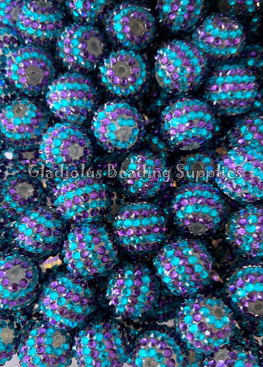 20mm Blue/Purple Striped Rhinestone Beads - Acrylic  Beads - Bubblegum Beads - Chunky Beads