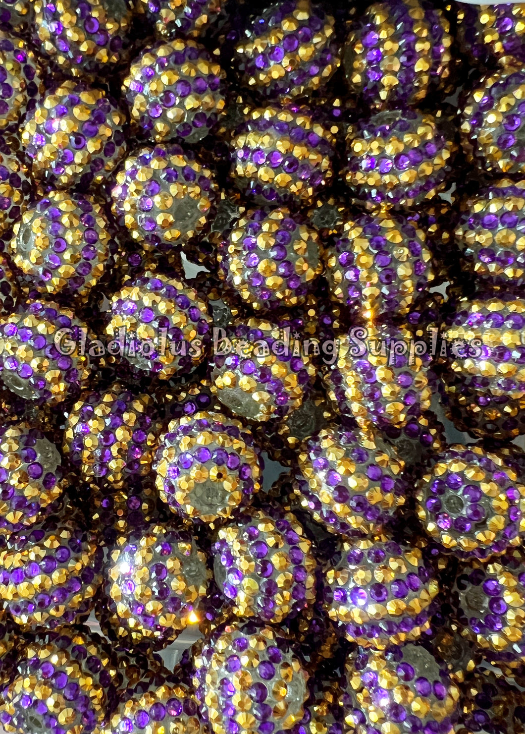 20mm Gold/Purple Striped Rhinestone Beads - Acrylic  Beads - Bubblegum Beads - Chunky Beads