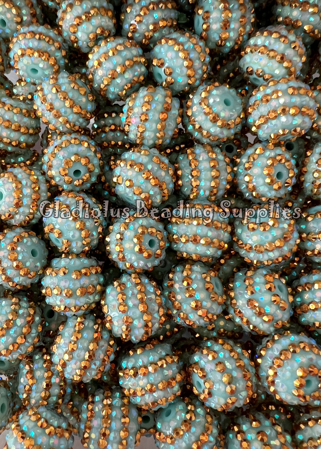 20mm Gold/Mint Striped Rhinestone Beads - Acrylic  Beads - Bubblegum Beads - Chunky Beads