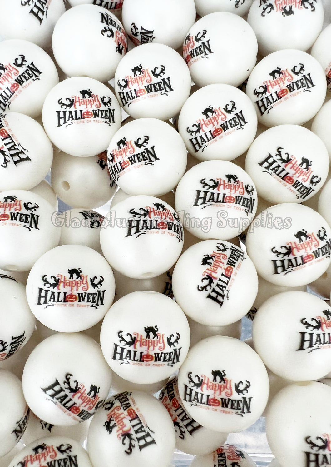 20mm Happy Halloween Matte Print - White Acrylic Matter Beads - Bubblegum Beads - Chunky Beads