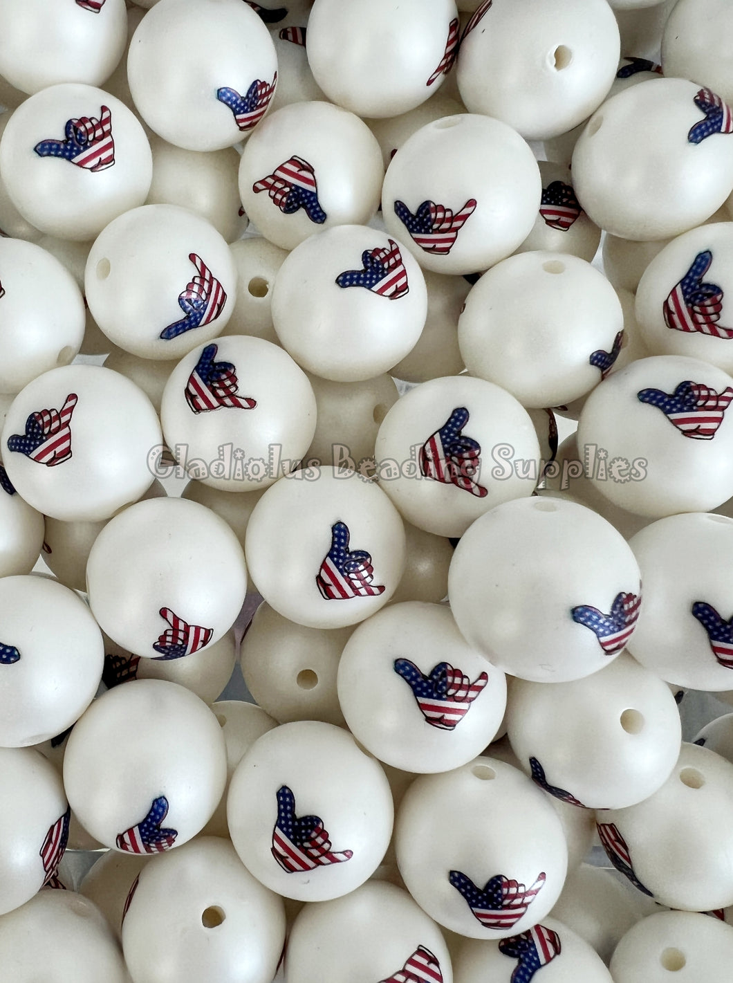 20mm Red/Blue USA Hand Matte Print - White Matter Beads - Bubblegum Beads - Chunky Beads