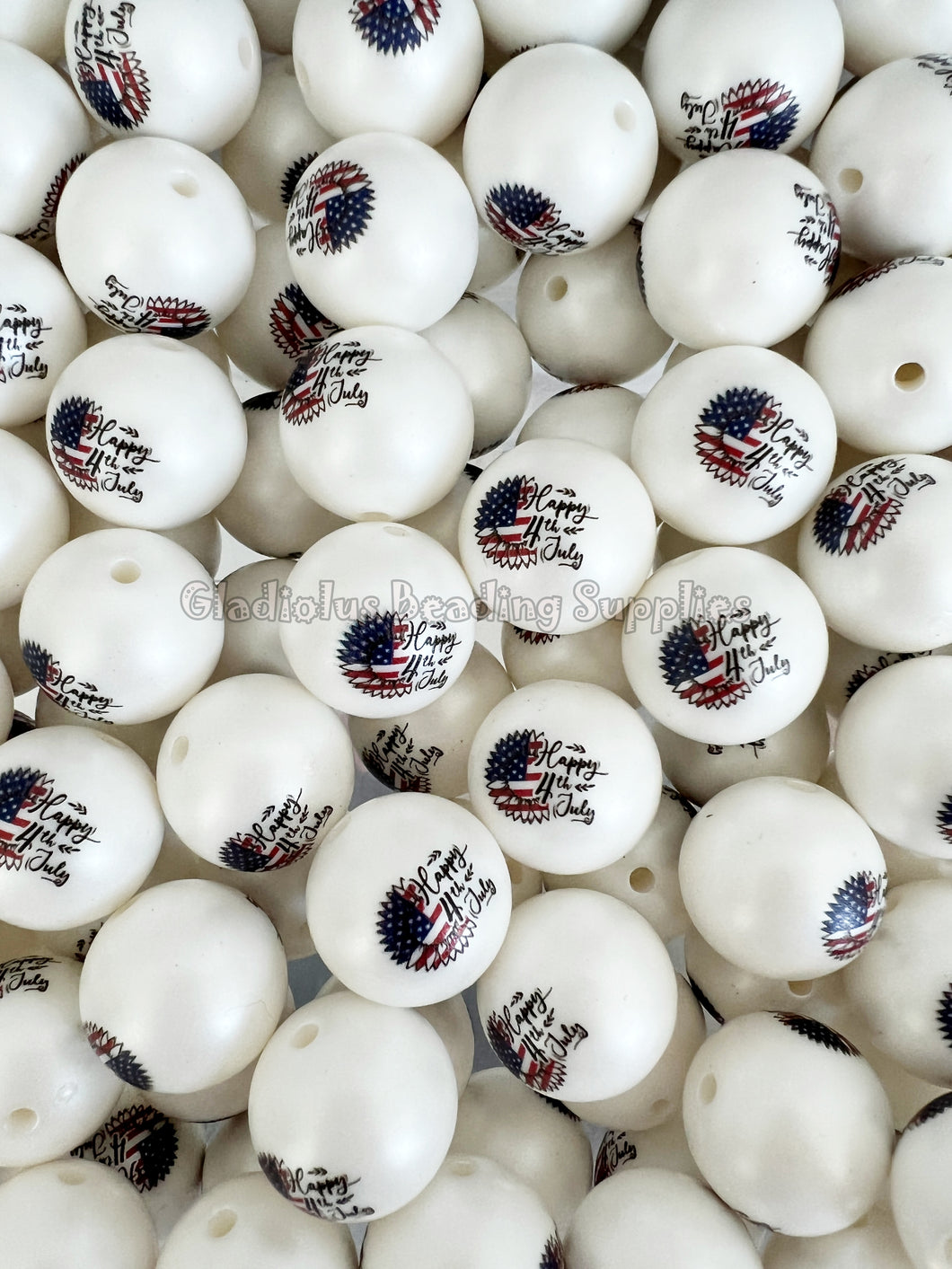 20mm Happy 4th of July Matte Print - White Matter Beads - Bubblegum Beads - Chunky Beads