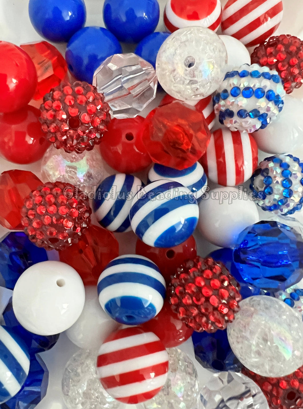 50 Qty 20mm White/Red/Blue #1 Mixed Beads - Acrylic Mixed Beads - Chunky Beads #139