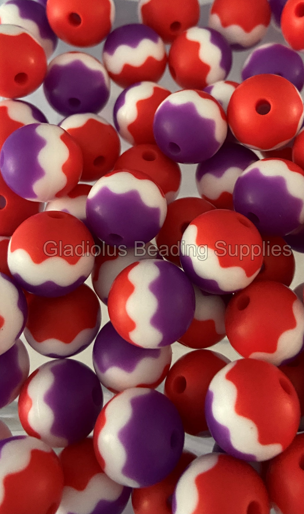 Purple/Red Chevron 15mm Print Silicone Bead, BPA Free, Loose Beads.