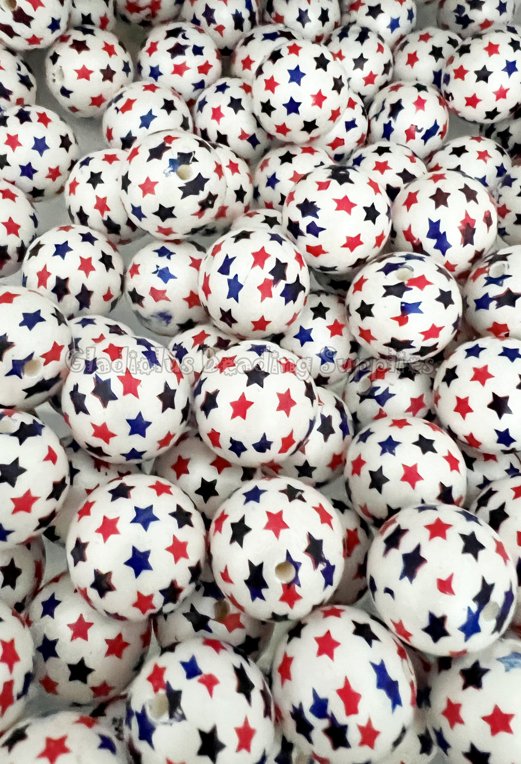 20mm Red/Blue Star Full Matte Print - White Acrylic Matte Beads - Bubblegum Beads - Chunky Beads