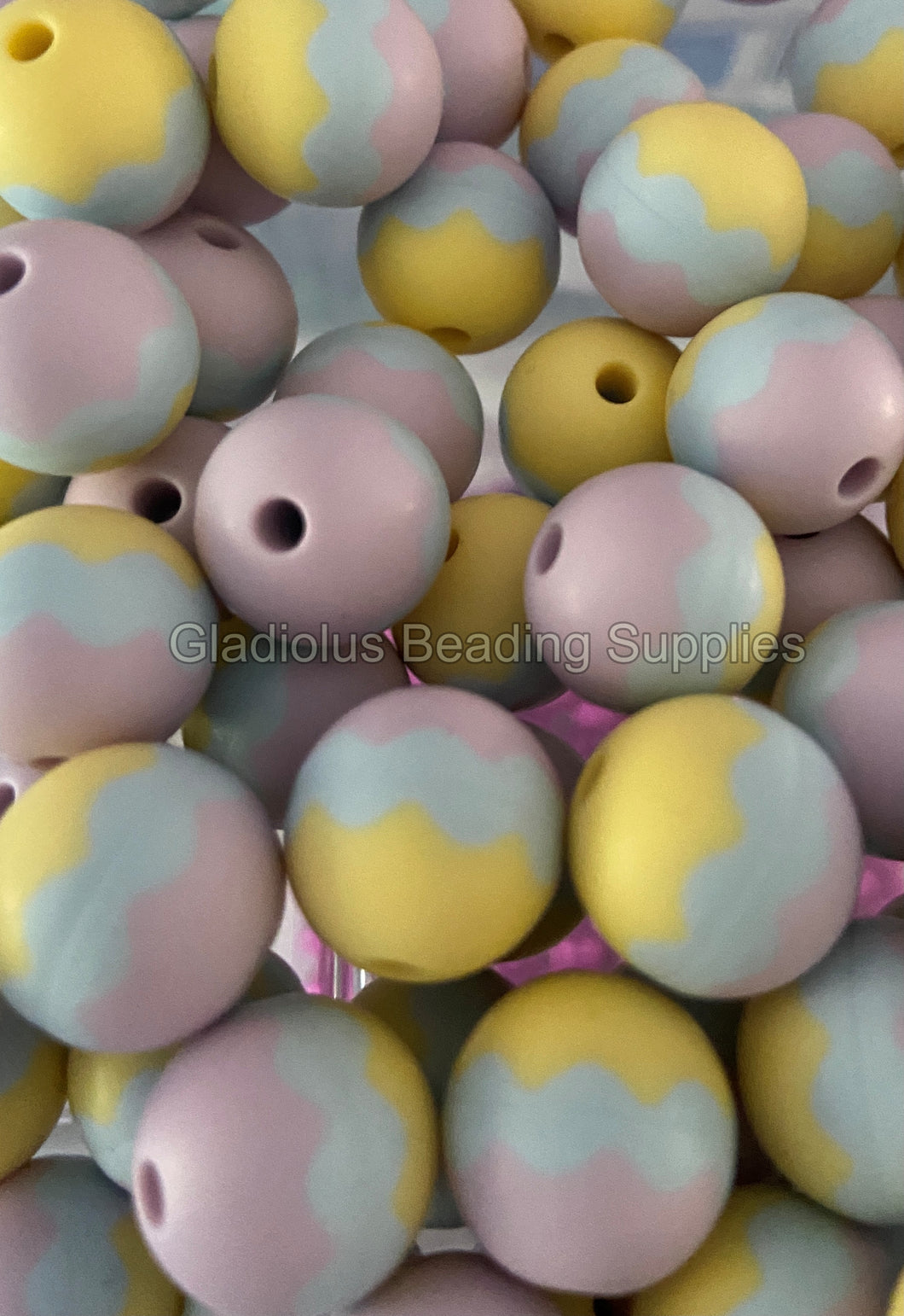 Pink/Yellow Chevron 15mm Print Silicone Bead, BPA Free, Loose Beads.