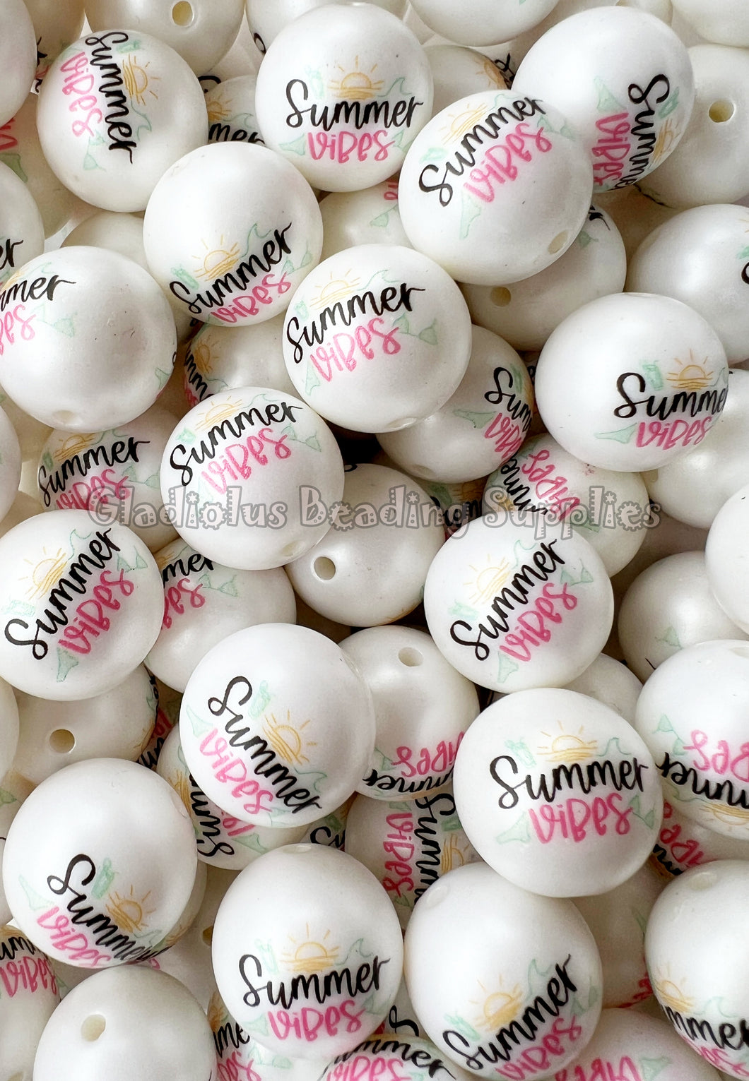 20mm Summer Vibes Matte Print - White Acrylic Matte Beads - Bubblegum Beads - Chunky Beads