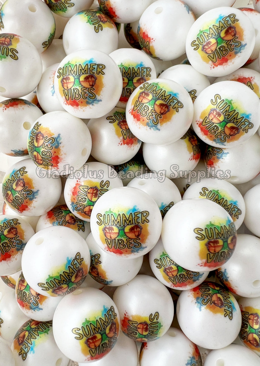 20mm Summer Vibes/Sunglasses Matte Print - White Acrylic Matte Beads - Bubblegum Beads - Chunky Beads