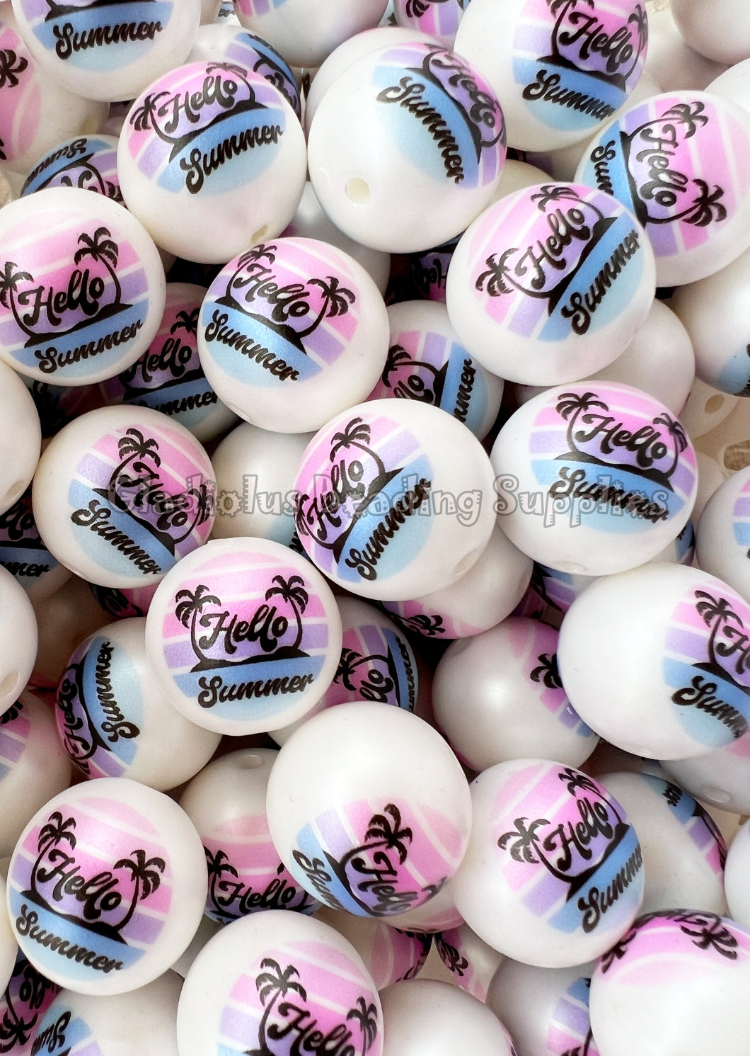 20mm Hello Summer Matte Print - White Acrylic Matte Beads - Bubblegum Beads - Chunky Beads