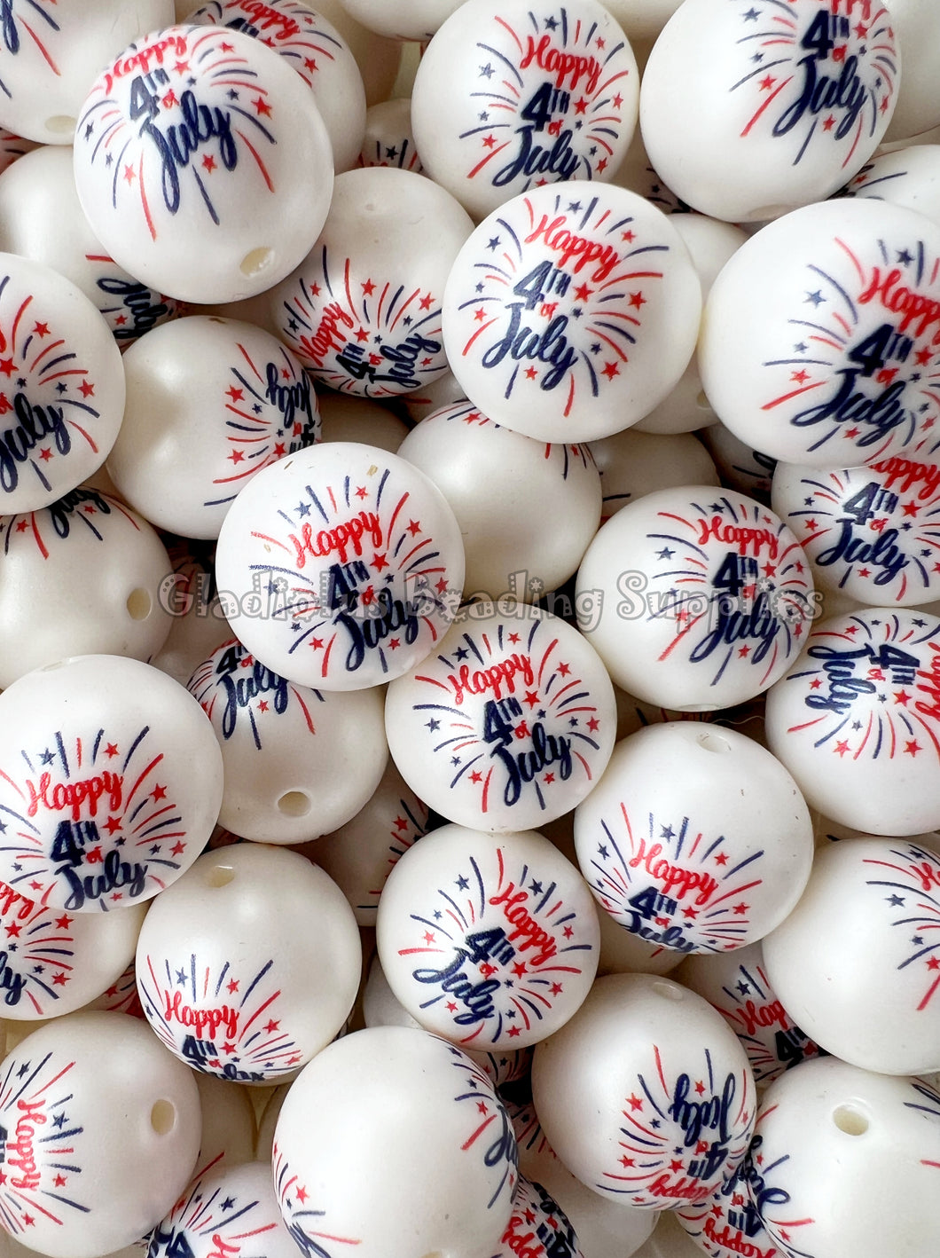 20mm Happy 4th of July Matte Print - White Acrylic Matte Beads - Bubblegum Beads - Chunky Beads