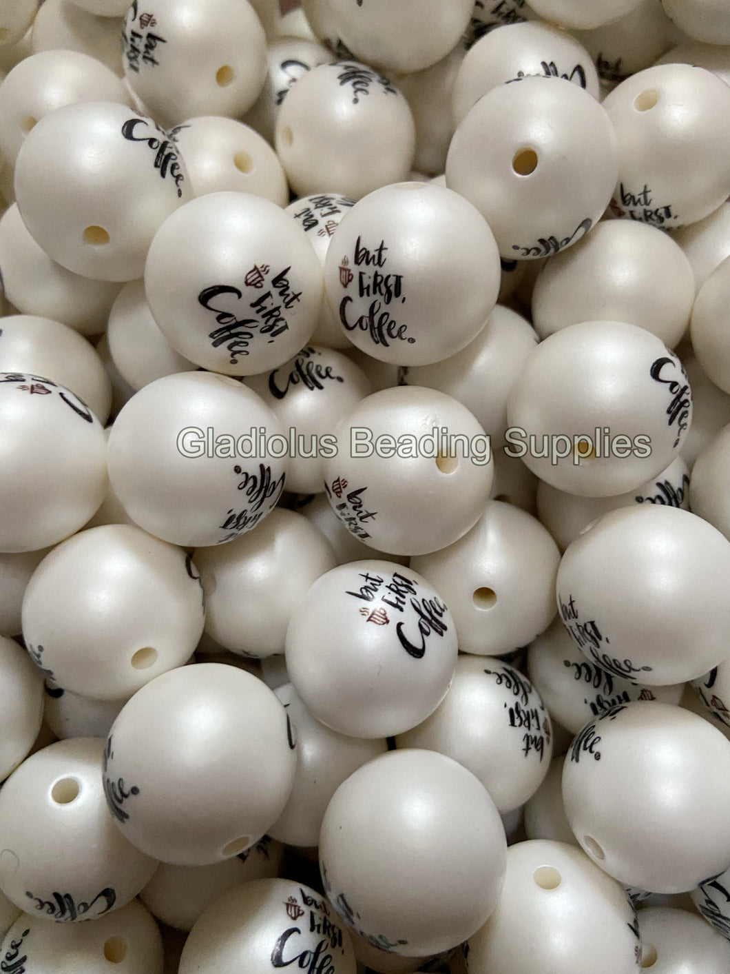 20mm But First, Coffee Matte Print - White Acrylic Matter Beads - Bubblegum Beads - Chunky Beads