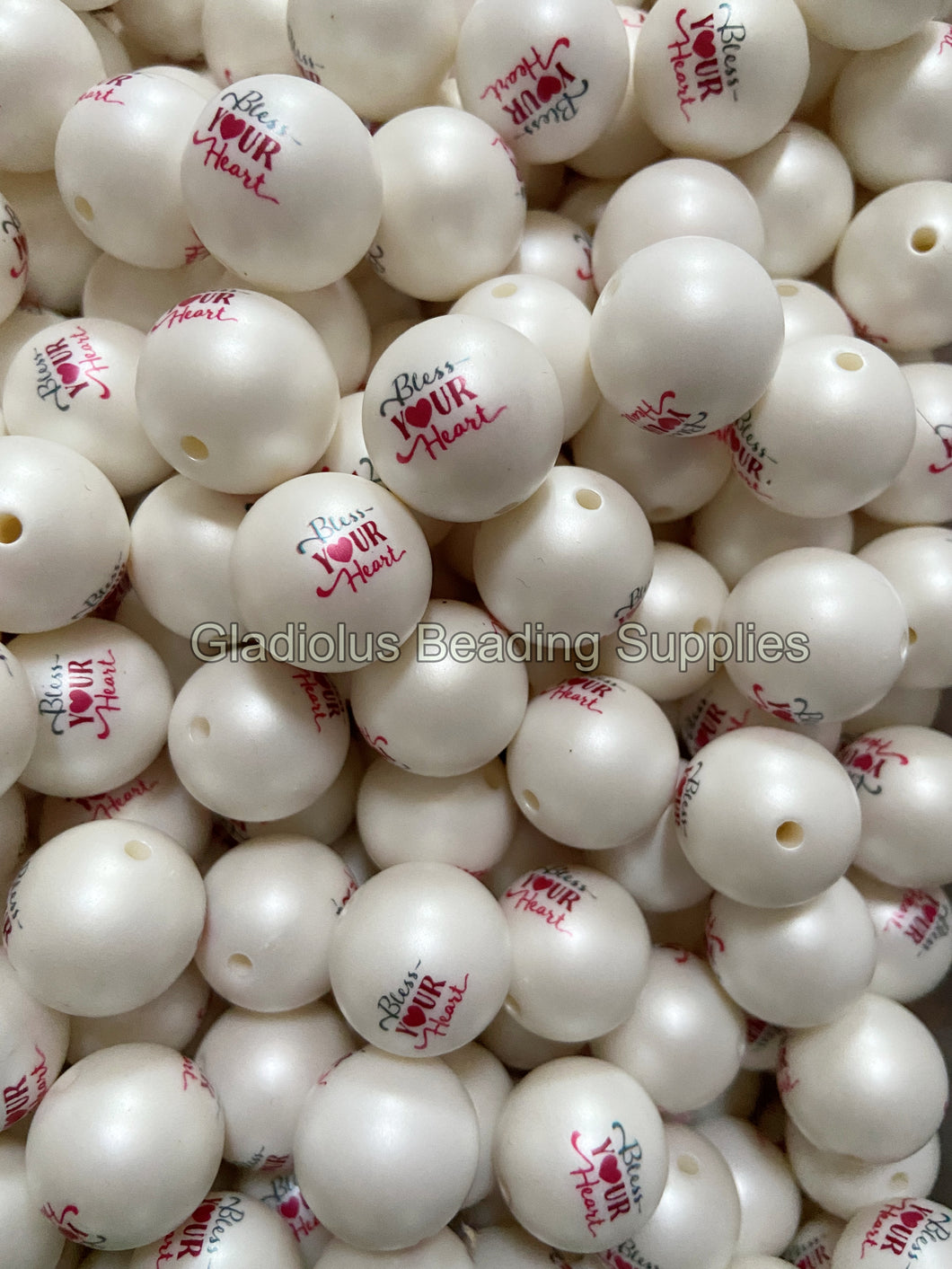 20mm Bless Your Heart Matte Print - White Acrylic Matter Beads - Bubblegum Beads - Chunky Beads