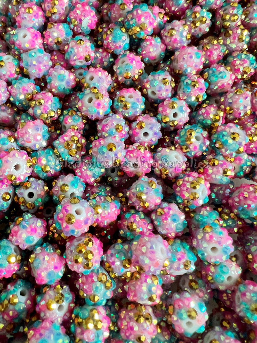 25 Qty 12mm Gold/Pink/Blue Rhinestone Acrylic Beads - Acrylic Rhinestone Beads - Bubblegum Beads