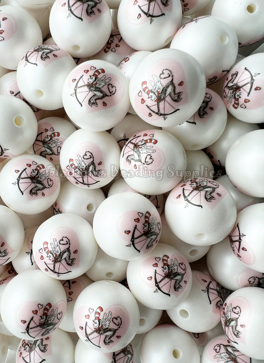 20mm Valentine Cupid Matte Print - White Acrylic Matte Beads - Valentine Beads - Chunky Beads