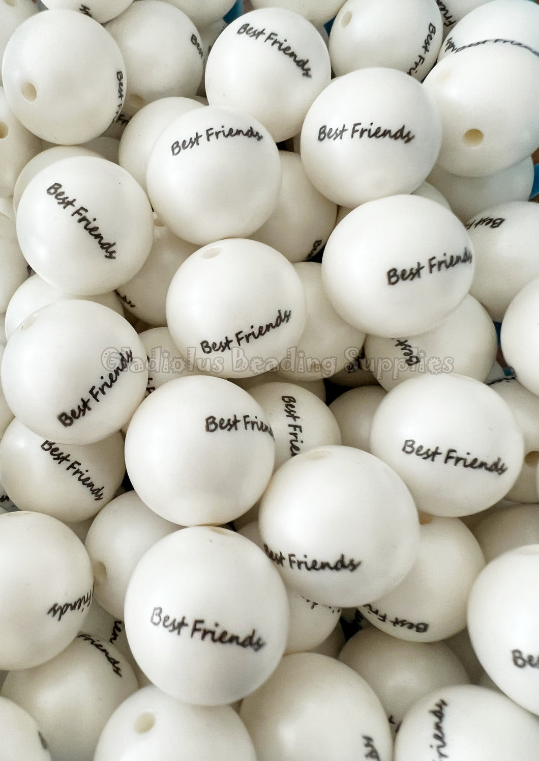 20mm Best Friend Matte Print - White Acrylic Matter Beads - Bubblegum Beads - Chunky Beads