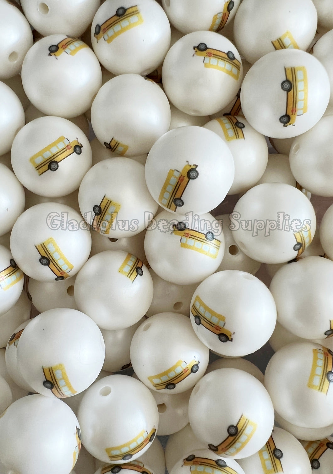 20mm School Bus Matte Print - White Acrylic Matter Beads - Bubblegum Beads - Chunky Beads