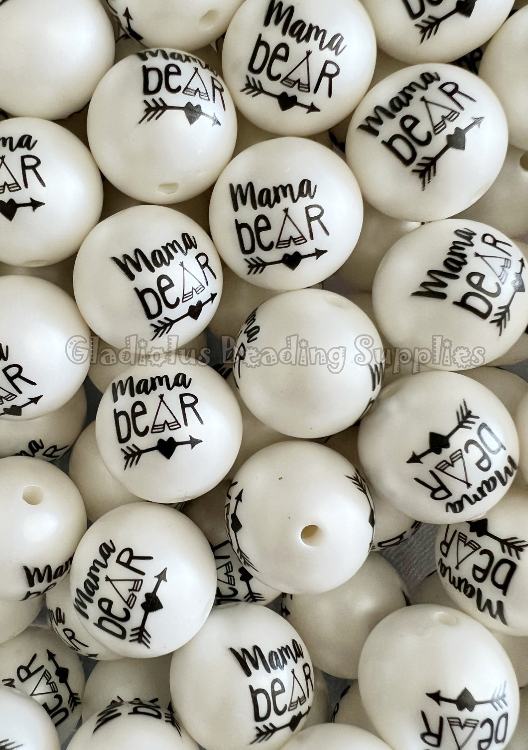 20mm Mama Bear Matte Print - White Acrylic Matter Beads - Bubblegum Beads - Chunky Beads