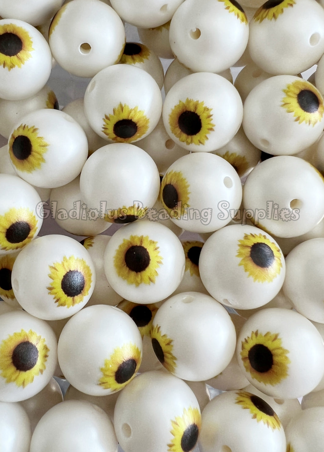 20mm Sunflower Matte Print - White Acrylic Matter Beads - Bubblegum Beads - Chunky Beads