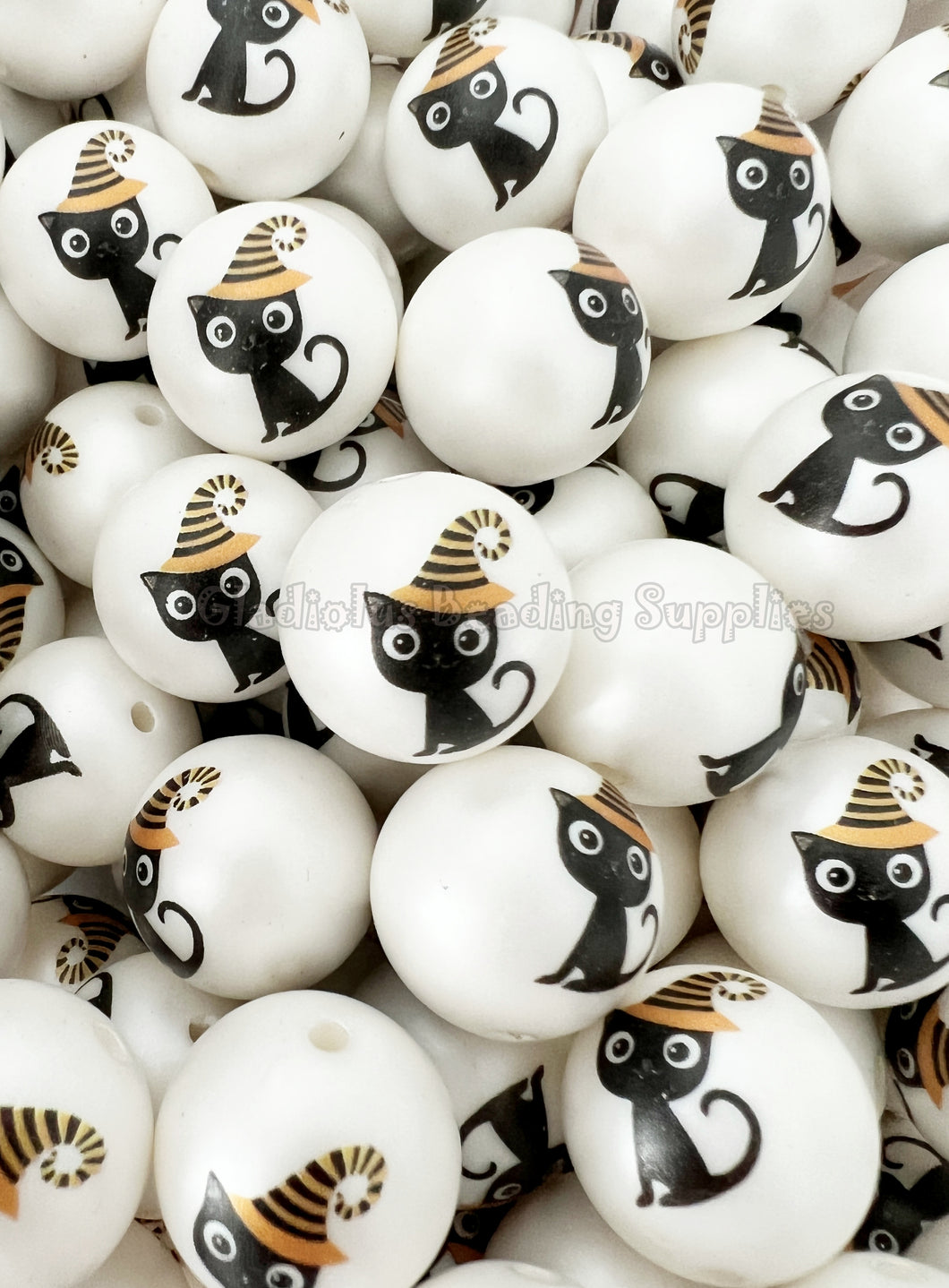 20mm Black Cat with Halloween Hat Matte Print - White Acrylic Matter Beads - Bubblegum Beads - Chunky Beads