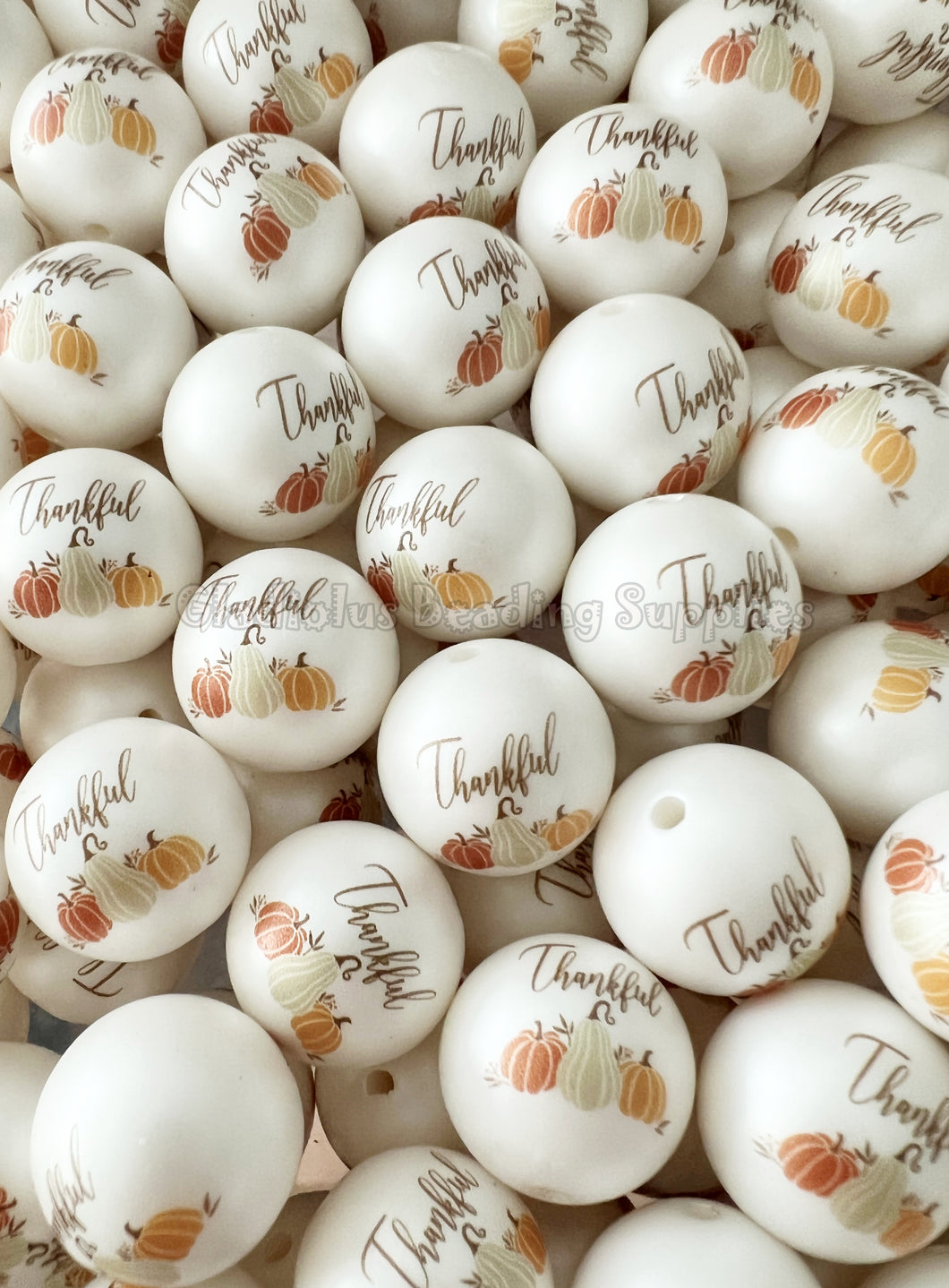 20mm Thankful Matte Print - White Acrylic Matter Beads - Thanksgiving Bubblegum Beads - Chunky Beads