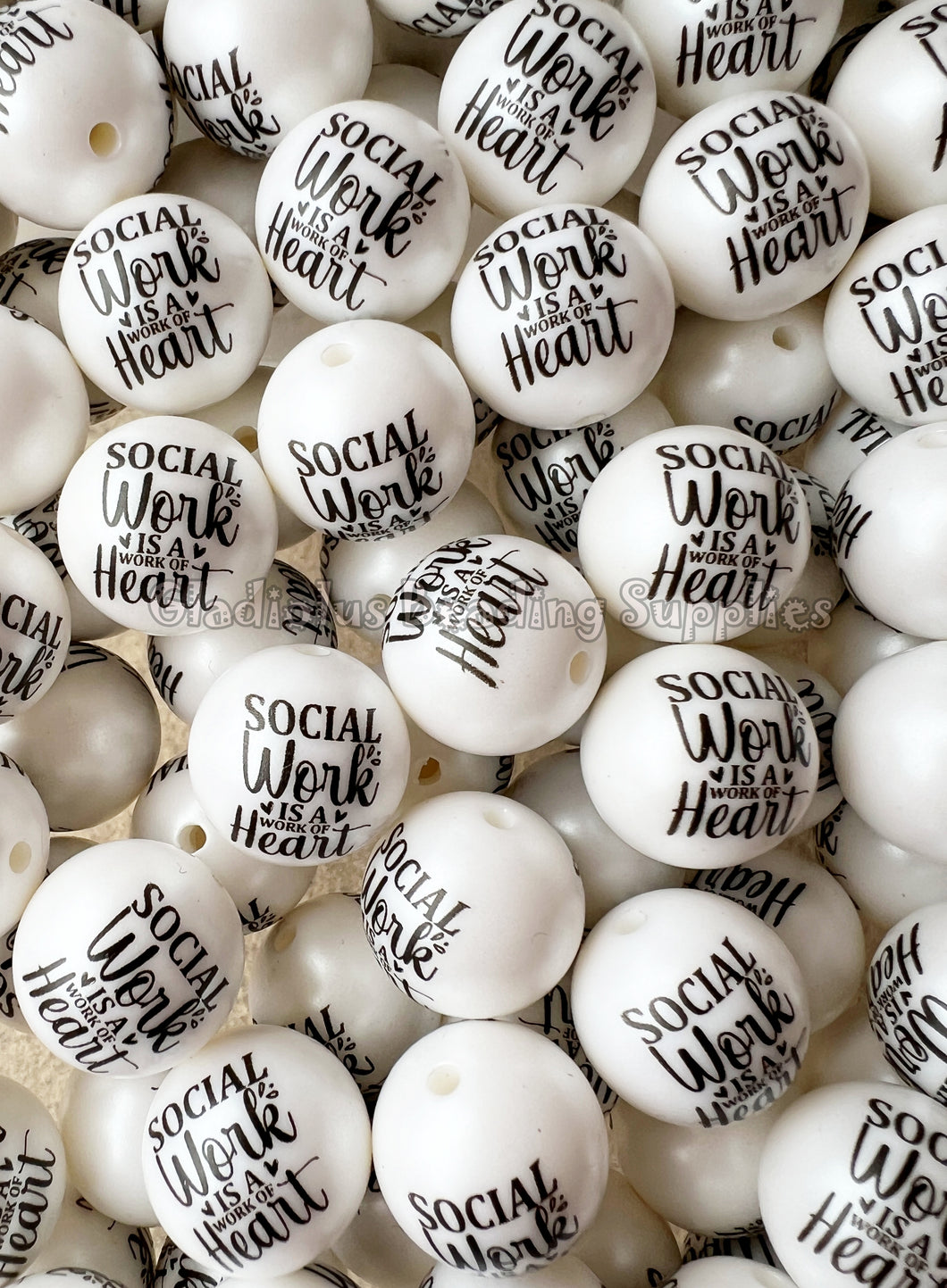 20mm Social Work is a work of heart Matte Print - White Acrylic Matte Beads - Bubblegum Beads - Chunky Beads