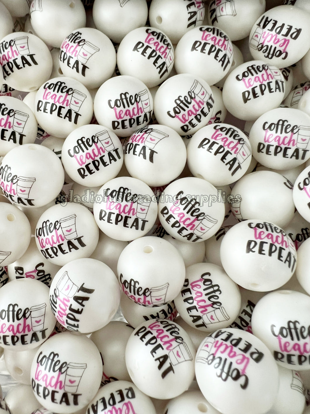 20mm Pink Coffee/Teach/Repeat Matte Print - White Acrylic Matter Beads - Bubblegum Beads - Chunky Beads