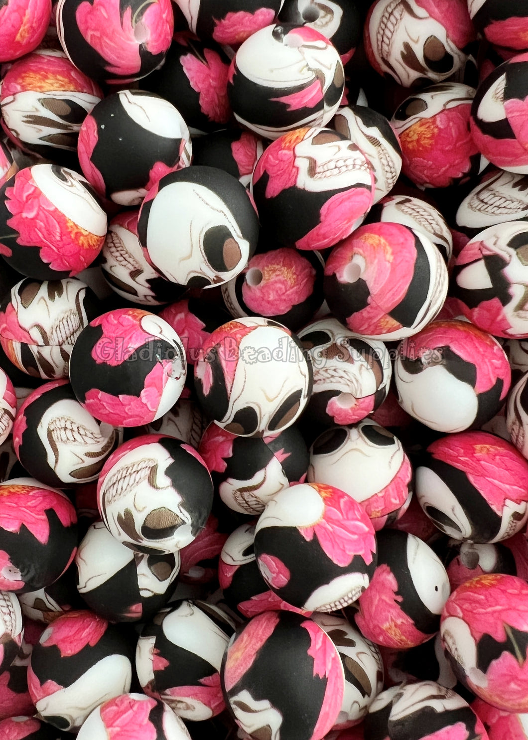 15mm Colorful Skull Print Silicone Beads, BPA Free, Loose Beads