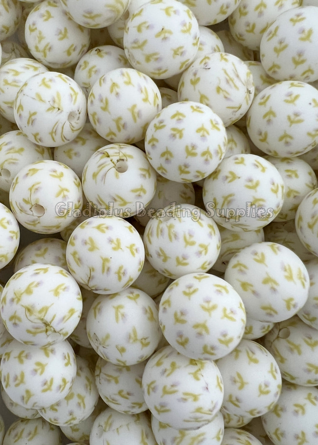 15mm Yellow Flower Print Silicone Bead, BPA Free, Loose Beads