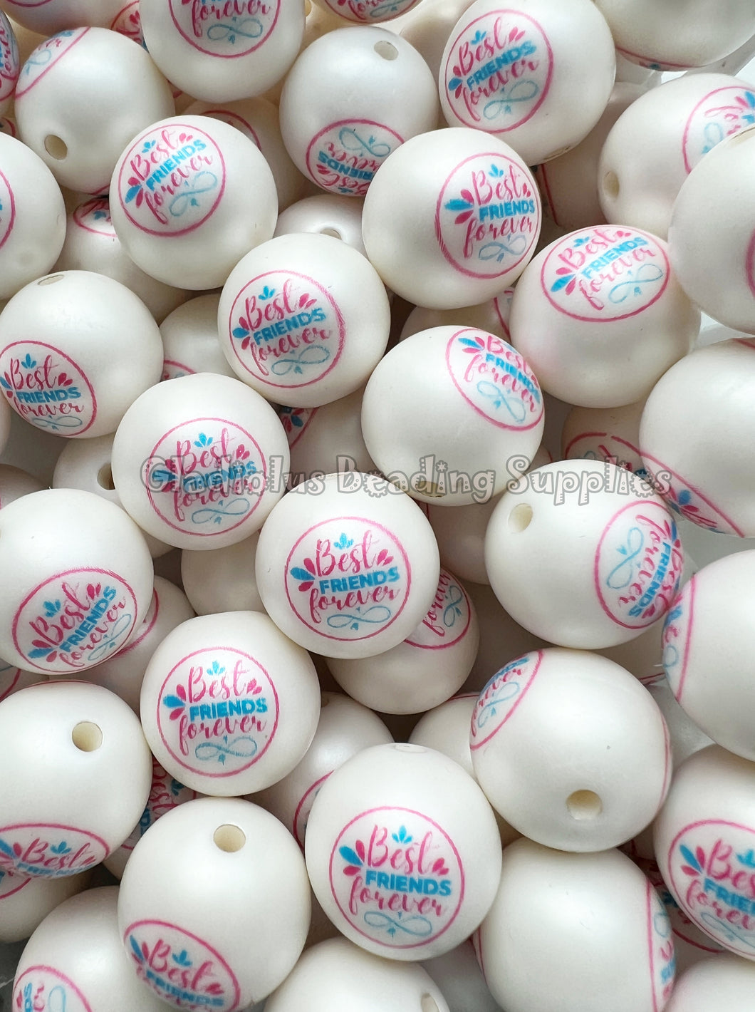 20mm Best Friend/Circle Matte Print - White Acrylic Matter Beads - Bubblegum Beads - Chunky Beads