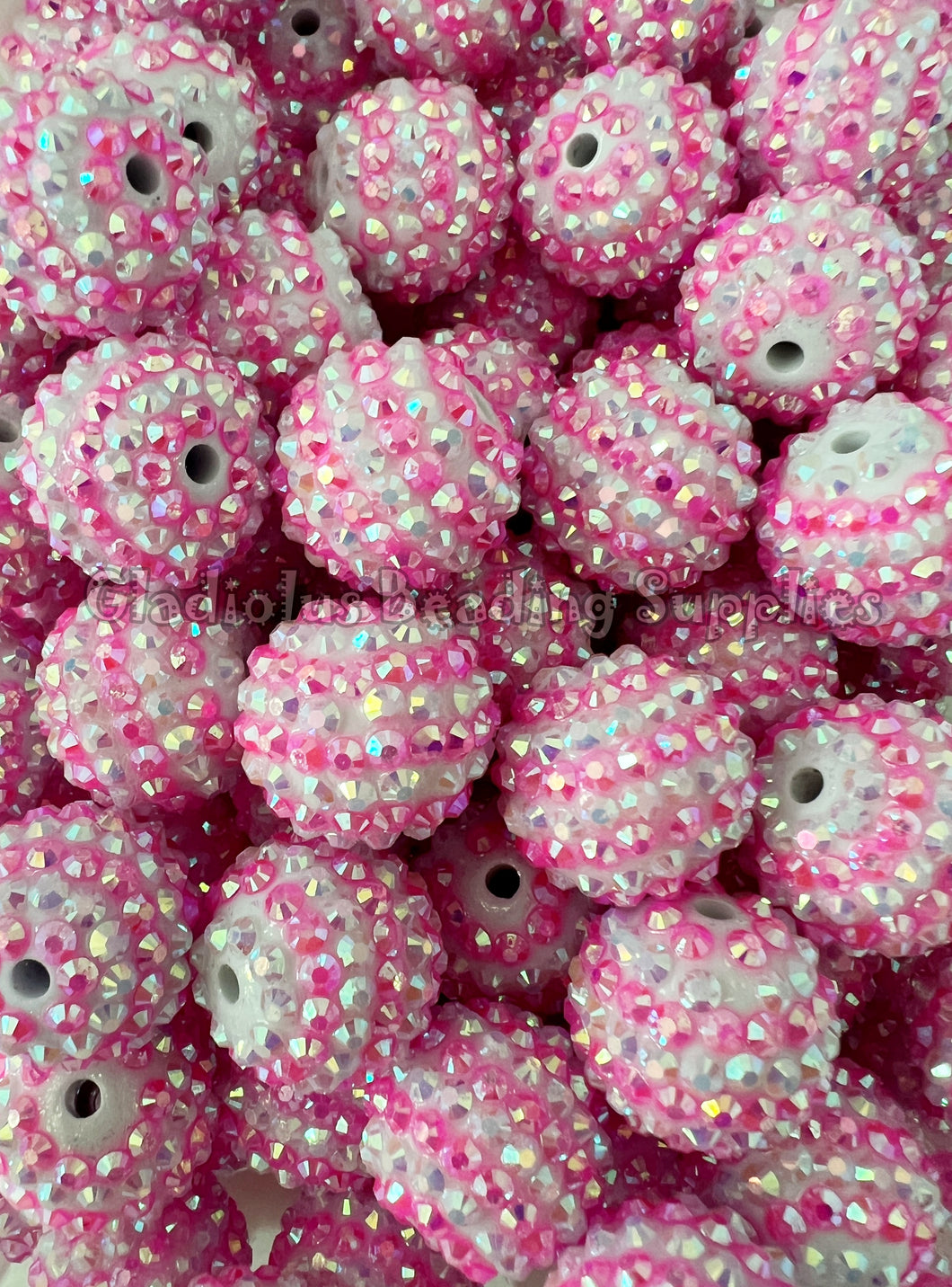 20mm Pink/White Striped Rhinestone Beads - Acrylic Beads - Bubblegum Beads - Chunky Beads