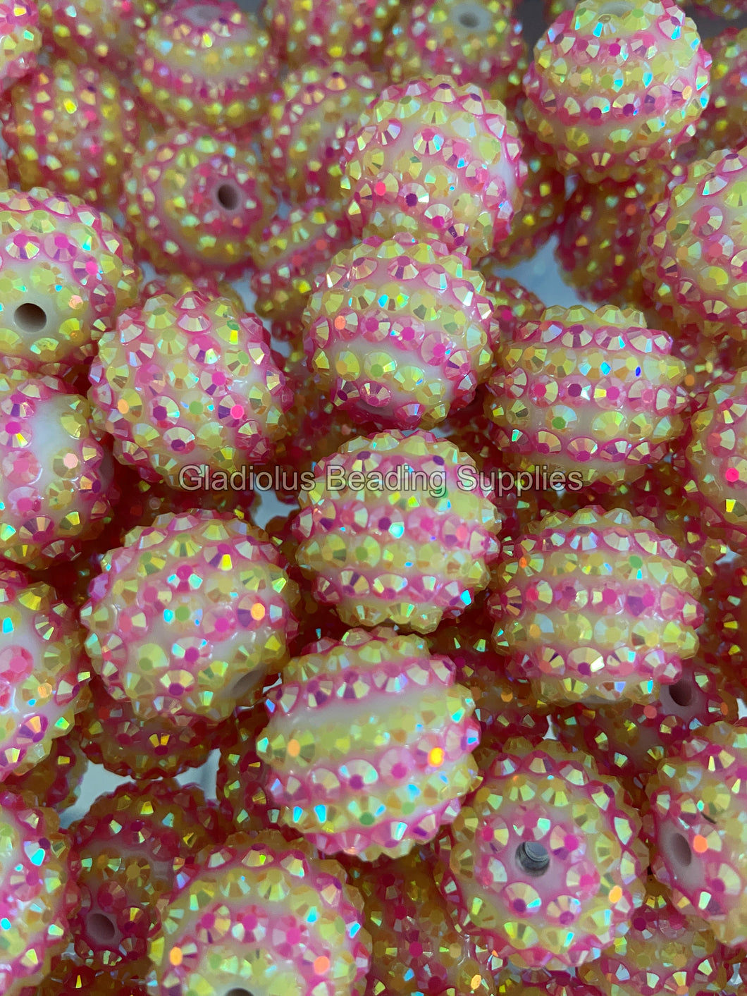 20mm Pink/Yellow Striped Rhinestone Beads - Acrylic  Beads - Bubblegum Beads - Chunky Beads