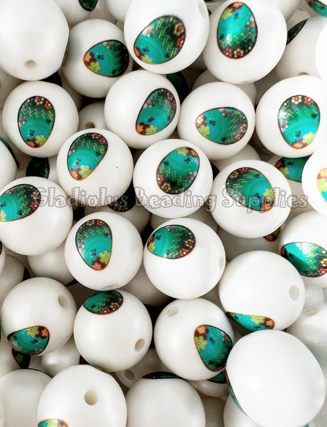 20mm Green Easter Egg Matte Print - White Acrylic Matter Beads - Bubblegum Beads - Chunky Beads