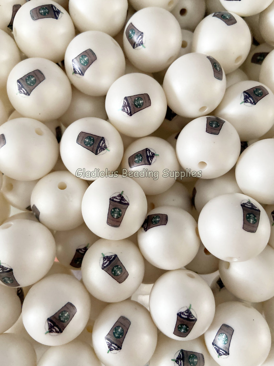 Starbucks Cup Matte Print - White Acrylic Matter Beads - Bubblegum Beads - Chunky Beads