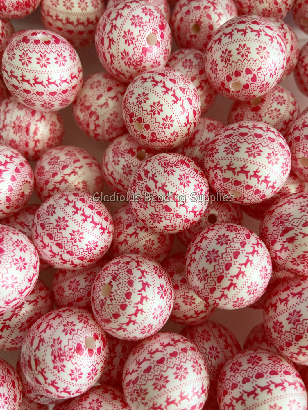 20mm Red Christmas Print - Acrylic Solid Beads - Bubblegum Beads - Chunky Beads