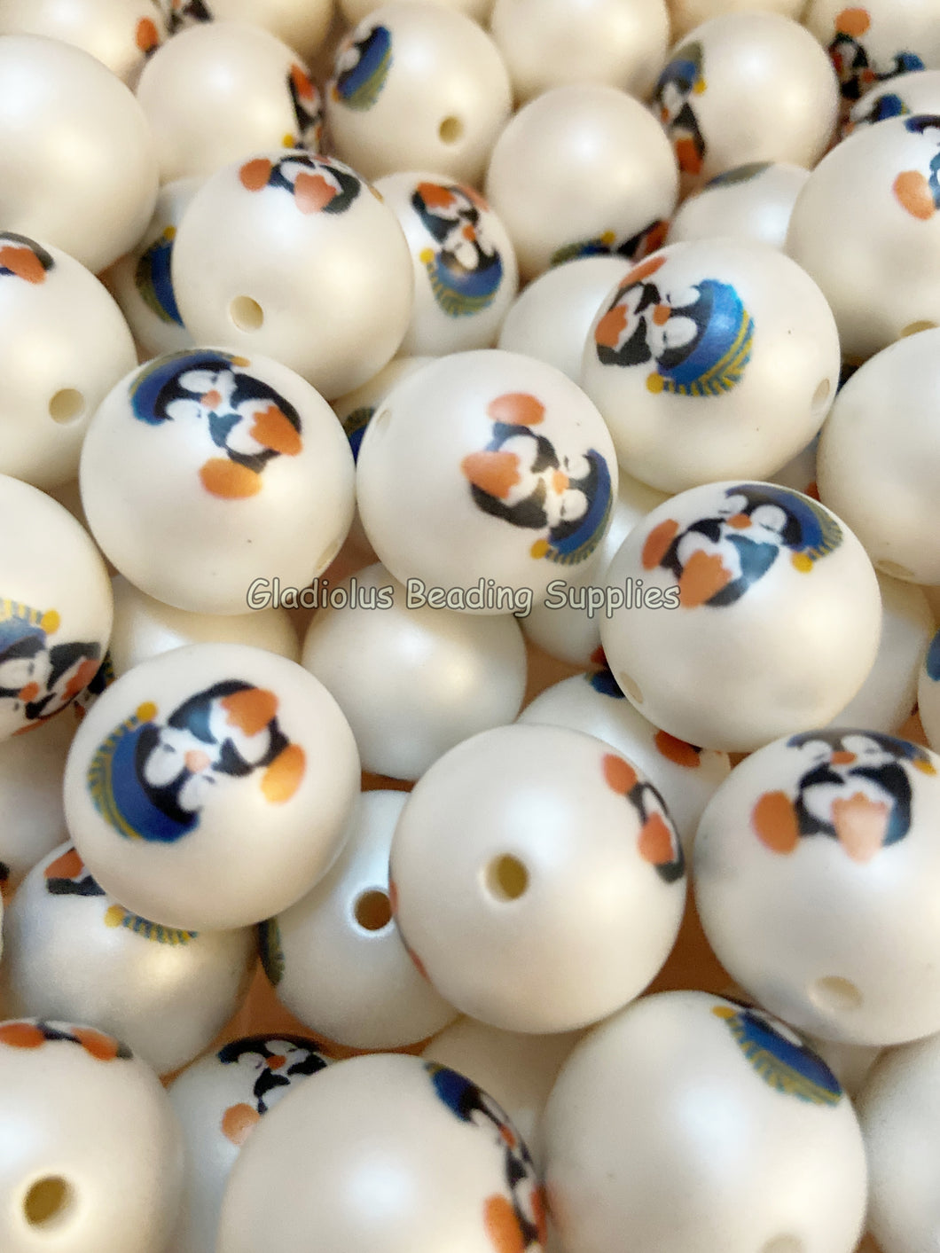 20mm Penguin Matte Print - White Acrylic Matter Beads - Bubblegum Beads - Chunky Beads