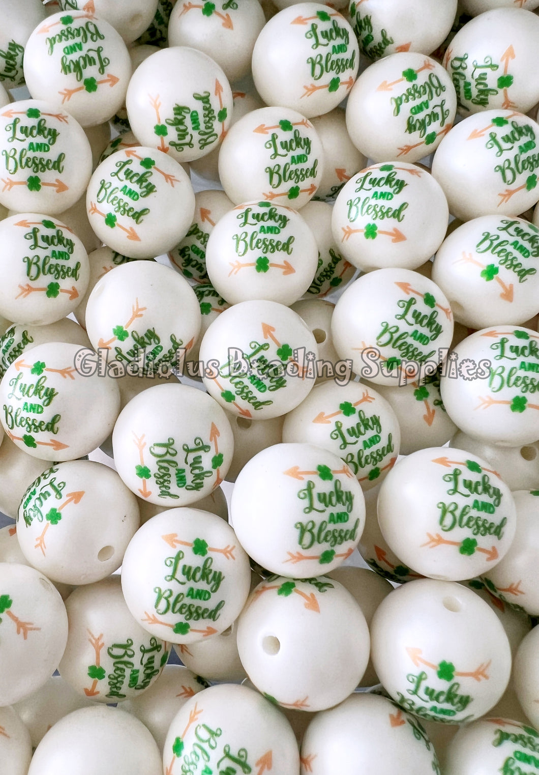 20mm Lucky and Blessed - St. Patrick Matte Print - White Acrylic Matter Beads - Bubblegum Beads - Chunky Beads