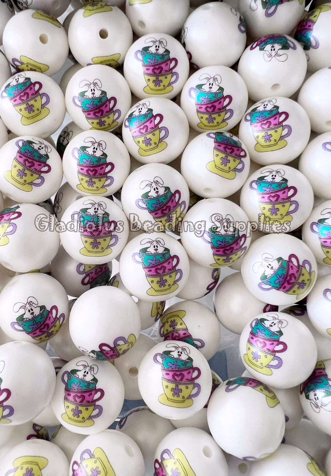 20mm Bunny In The Cup Matte Print - Easter White Acrylic Matter Beads - Bubblegum Beads - Chunky Beads