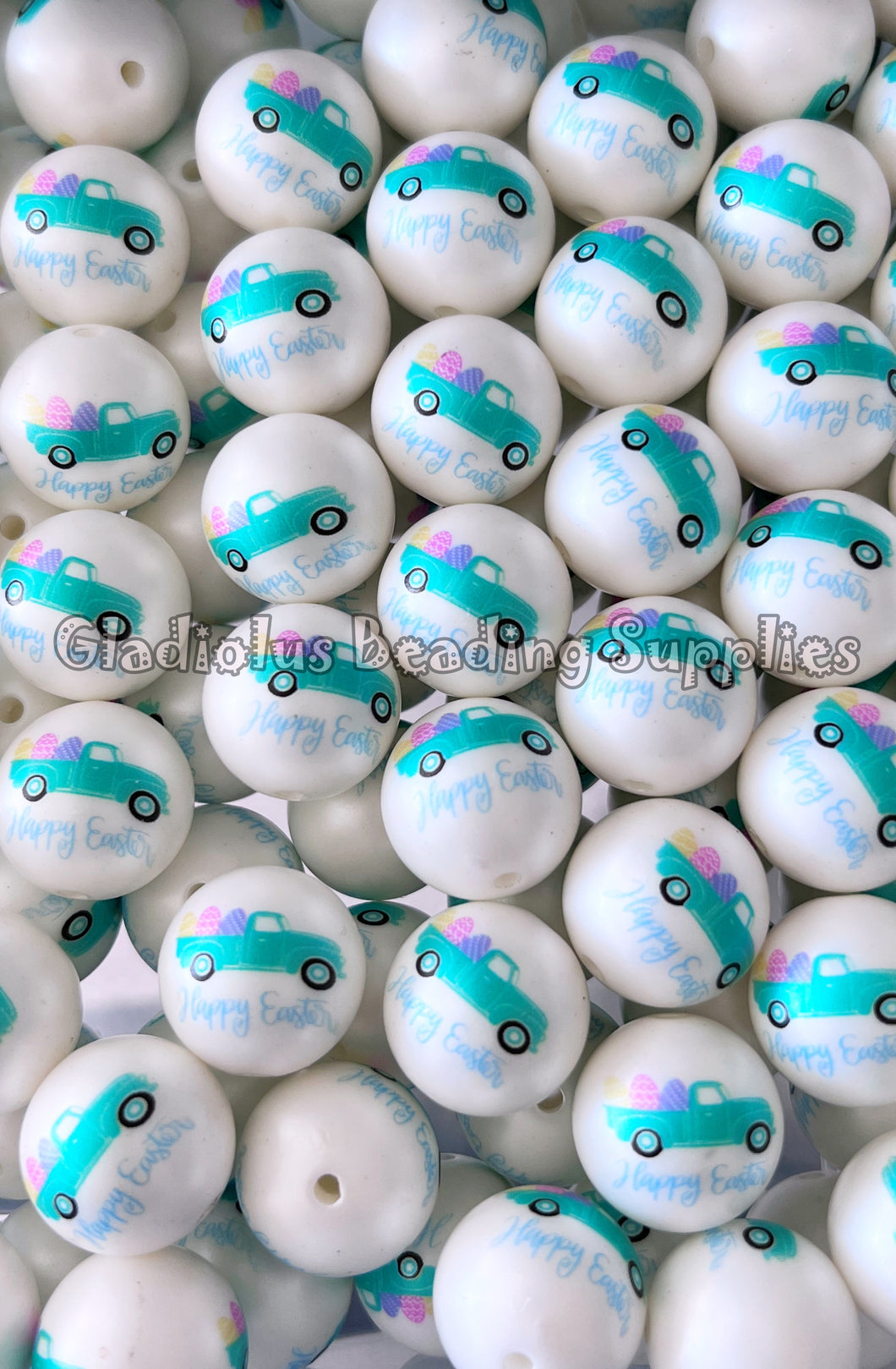 20mm Happy Easter Car Matte Print - Easter White Acrylic Matter Beads - Bubblegum Beads - Chunky Beads