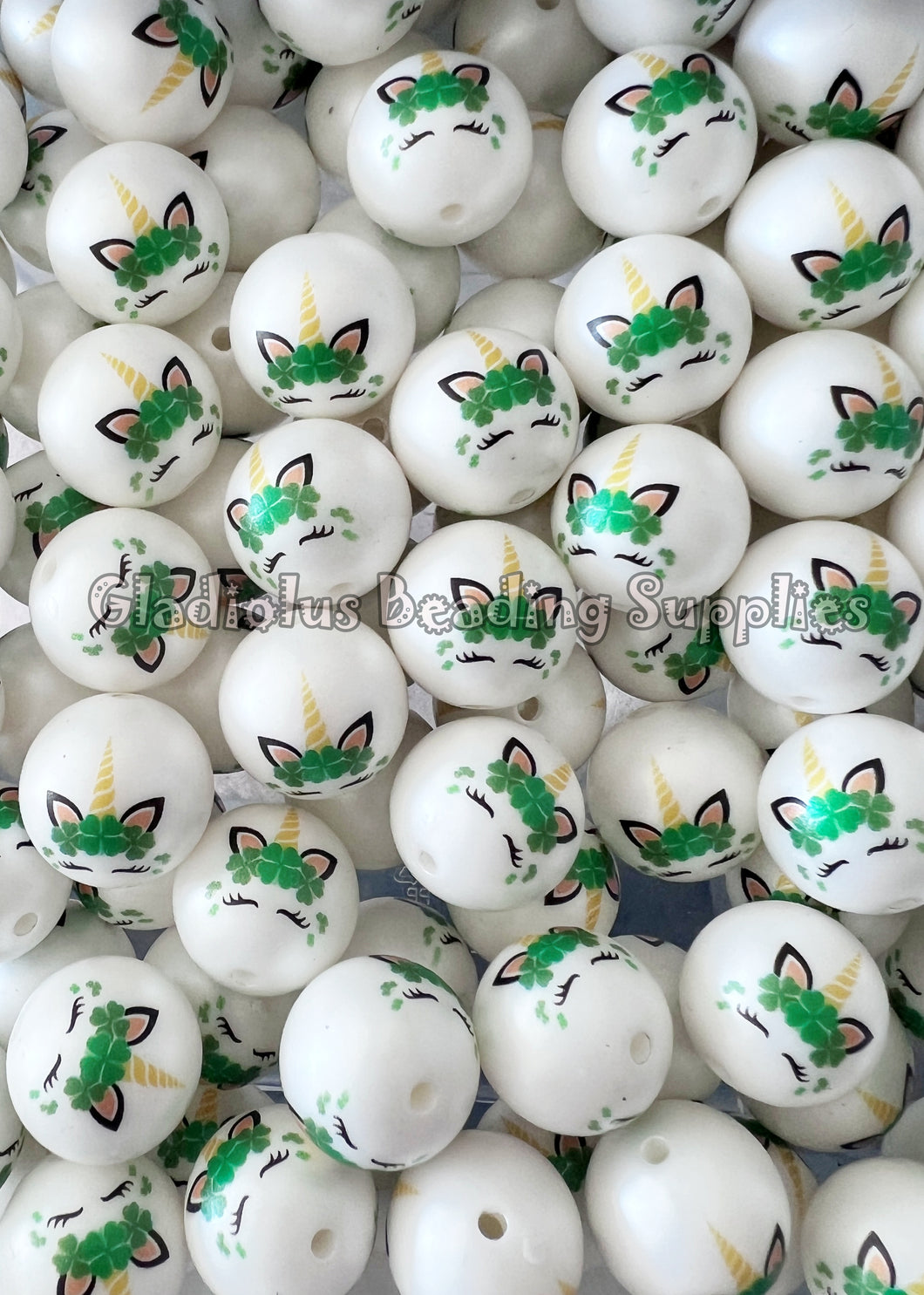 20mm Unicorn - St. Patrick Matte Print - White Acrylic Matter Beads - Bubblegum Beads - Chunky Beads