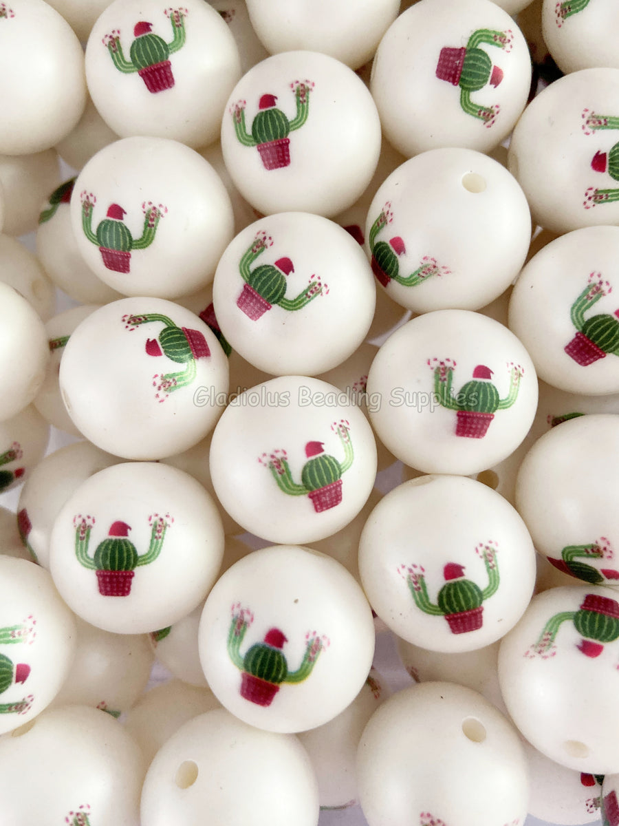 20mm Cactus Christmas Matte Print - White Acrylic Matter Beads - Bubbl ...