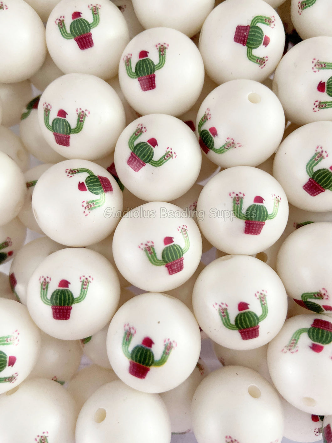 20mm Cactus Christmas Matte Print - White Acrylic Matter Beads - Bubblegum Beads - Chunky Beads