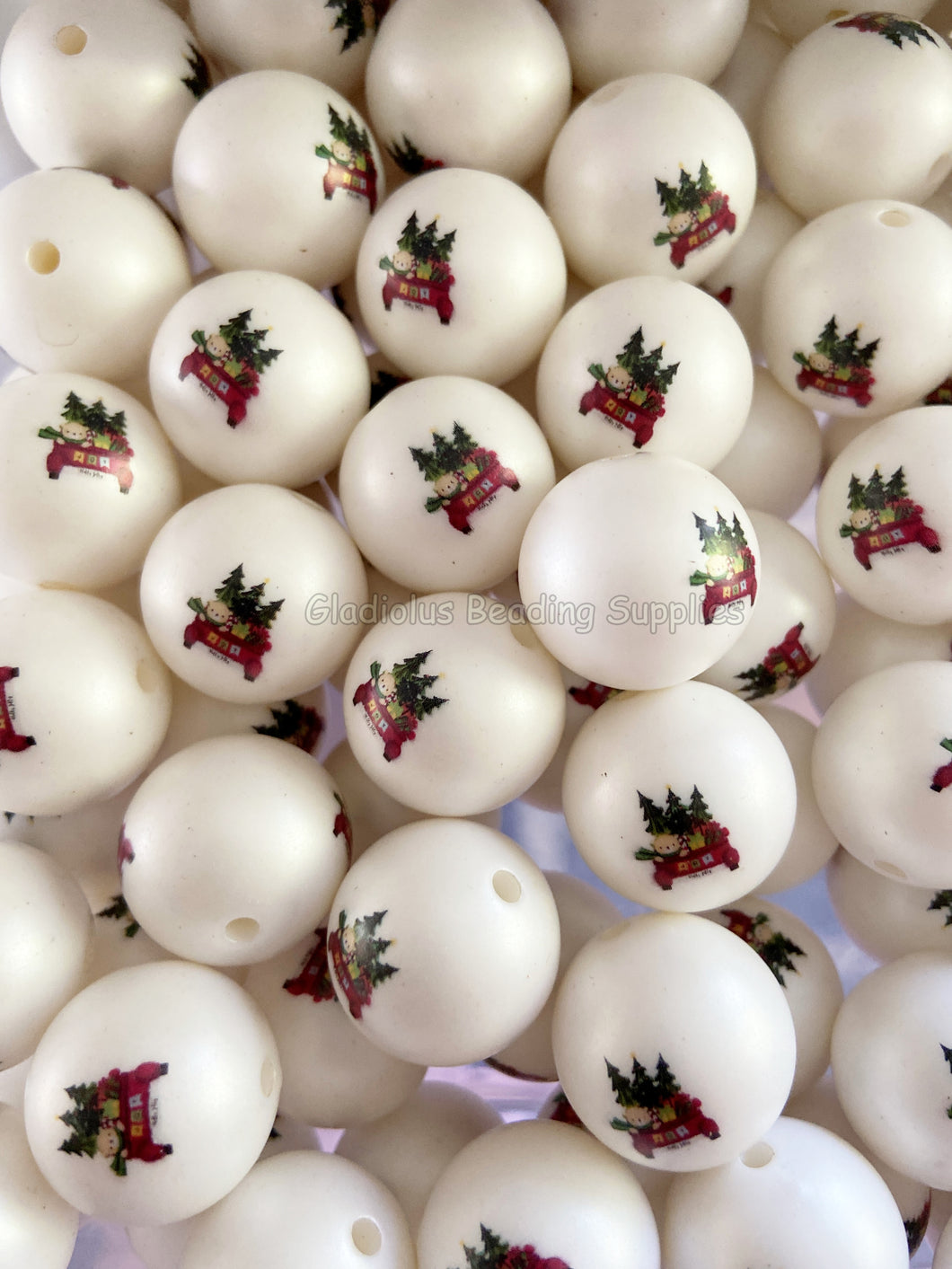 20mm Christmas Car Matte Print - White Acrylic Matter Beads - Bubblegum Beads - Chunky Beads