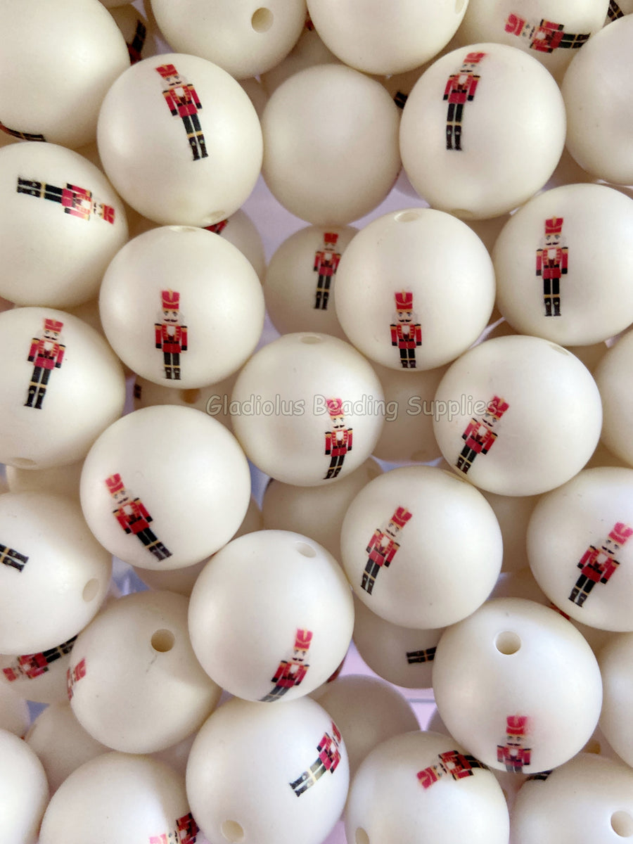 20mm Nut Cracker Christmas Matte Print - White Acrylic Matter Beads ...