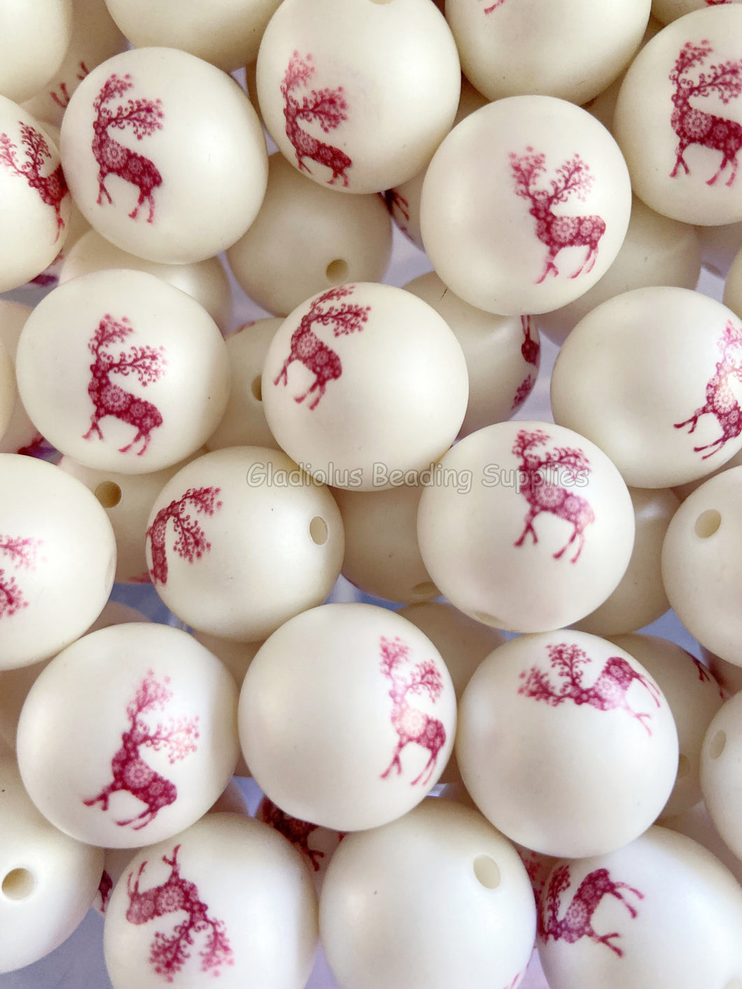 20mm #2 Reindeer Christmas Matte Print - White Acrylic Matter Beads - Bubblegum Beads - Chunky Beads